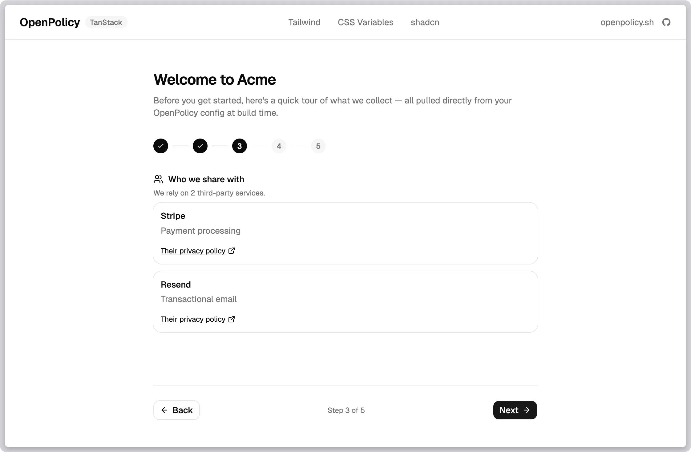 The onboarding wizard in the TanStack example — a four-step tour through dataCollected, thirdParties, and cookies