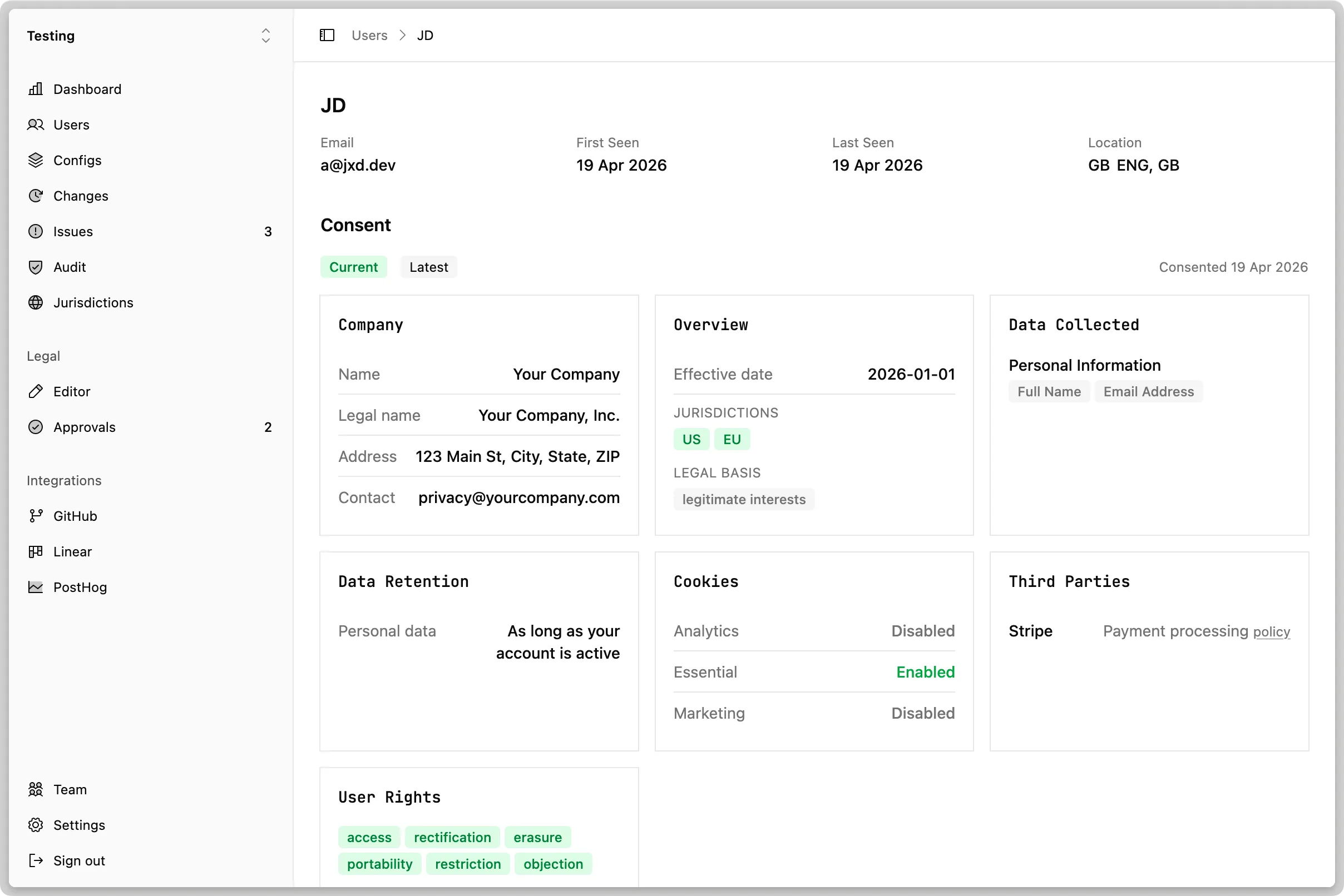 User consent events flowing from Better Auth into OpenPolicy+